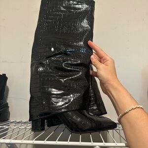 Black Croc-Embossed Knee-High Boots